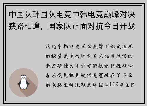 中国队韩国队电竞中韩电竞巅峰对决狭路相逢，国家队正面对抗今日开战